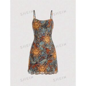 SHEIN Women's Gray Sun Face Print Spaghetti Strap Mini Dress One Size‎ large